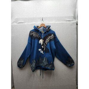 Handcrafted Blue Wool Blend Zip-Up Hoodie With Eagle Design Drawstring Hem